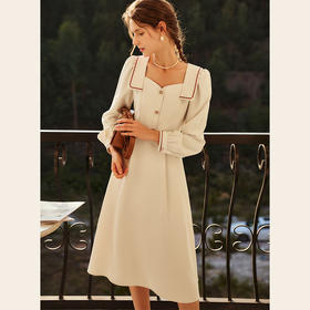 欧芮儿方领长袖连衣裙女春季2022新款收腰显瘦气质法式刺绣a字裙