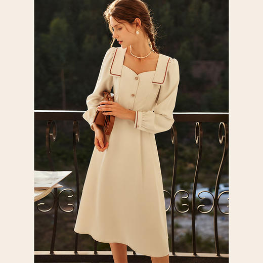 欧芮儿方领长袖连衣裙女春季2022新款收腰显瘦气质法式刺绣a字裙 商品图0