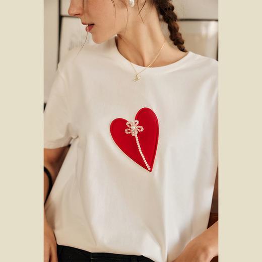 欧芮儿白色T恤女春季2022新款宽松显瘦洋气爱心刺绣短袖休闲上衣 商品图2