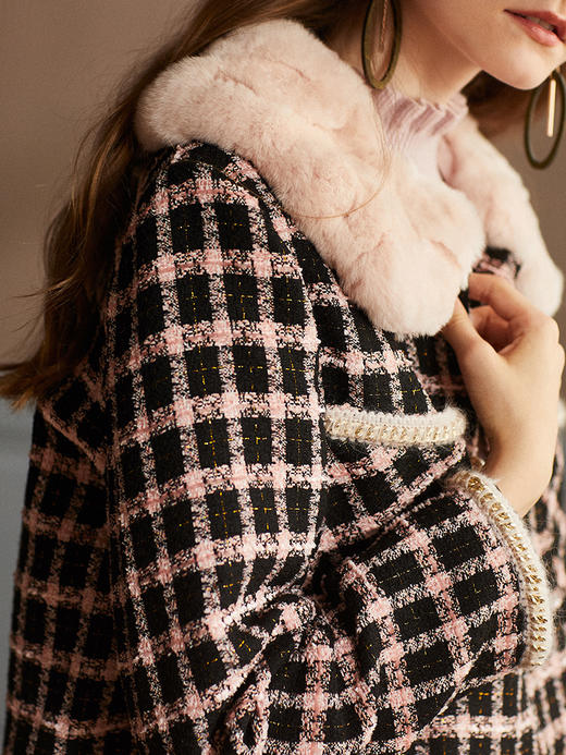 欧芮儿獭兔毛领长袖格子毛呢外套女2019秋冬新款宽松短款呢大衣 商品图2