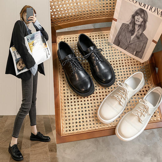 黛唯梵英伦前系带黑色小皮鞋日常圆头低帮女鞋学院风纯色平跟布洛克鞋 商品图0