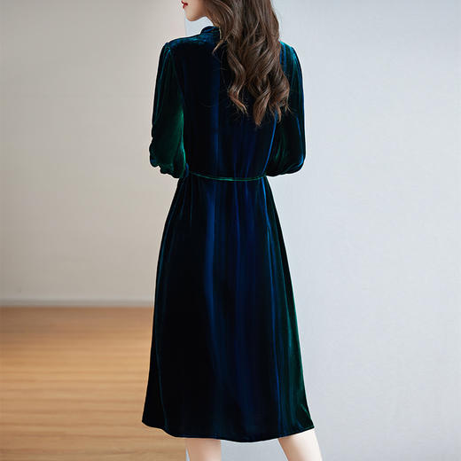 真丝丝绒连衣裙腰间系带孔雀蓝复古立领中长款蚕丝裙ZS-9123 商品图3