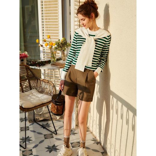 欧芮儿绿色条纹毛衣女2021秋冬新款圆领修身减龄披肩外搭两件套 商品图2