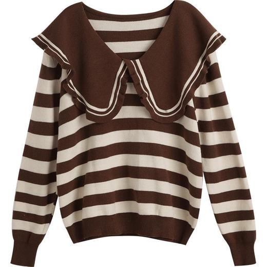 OLrain欧芮儿法式咖色条纹毛衣女秋季2022年新款学院风大翻领上衣 商品图5