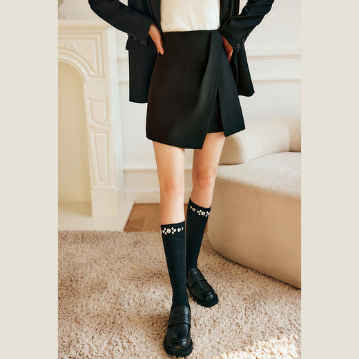 欧芮儿黑色半身裙女春季2022新款高腰显瘦时尚气质开叉短款a字裙 商品图0