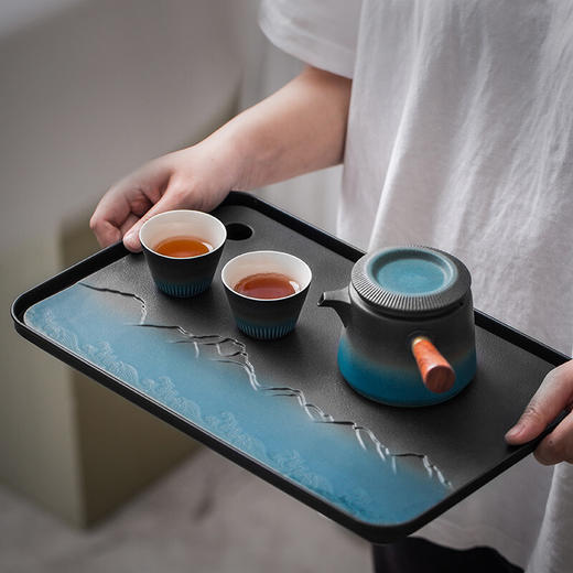陶瓷茶盘家用小型茶托盘干泡台储水泡茶盘功夫茶具托盘排水式茶海 伊-山川海浪方形盘S3a 商品图9