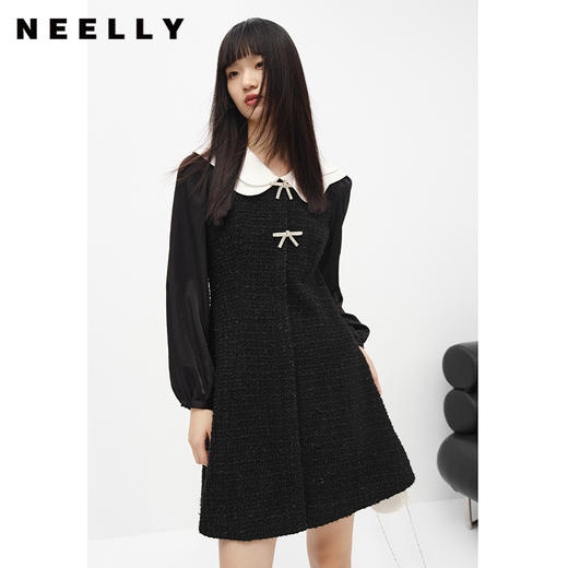 NEELLY纳俪商场同款撞色娃娃领连衣裙女中长款拼接袖毛呢a字裙冬N22103Y01087 商品图0