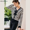 OLrain欧芮儿法式黑白条纹针织衫女秋季2022年新款蝴蝶结v领上衣 商品缩略图0