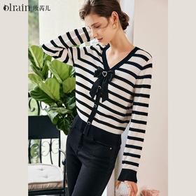 OLrain欧芮儿法式黑白条纹针织衫女秋季2022年新款蝴蝶结v领上衣