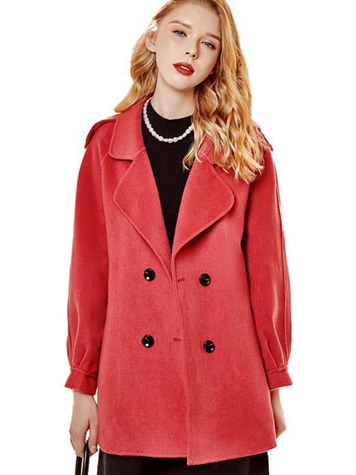 欧芮儿复古风中长款双面呢外套女2021冬季新款翻领修身显瘦大衣 商品图3