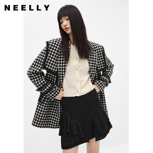 NEELLY纳俪商场同款千鸟格毛呢外套女中长款双排扣翻领减龄大衣冬N22103N01078 商品图1