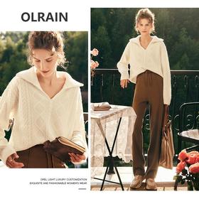 OLrain欧芮儿法式白色V领毛衣女秋冬2022新款复古麻花保暖针织衫