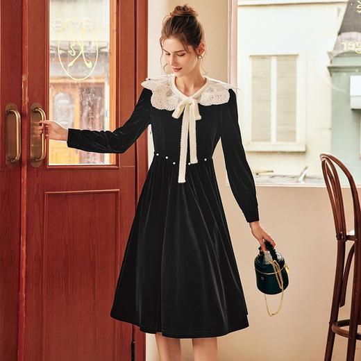 OLrain欧芮儿法式黑色丝绒连衣裙女秋季2022年新款收腰赫本风裙子 商品图3