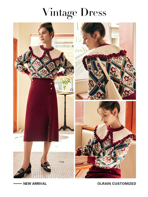 OLrain欧芮儿法式大翻领毛衣女秋季2022年新款红色菱格针织衫上衣 商品图3