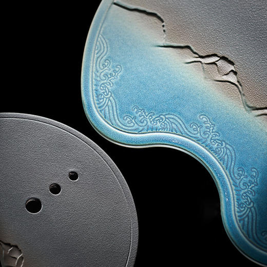 陶瓷储水式干泡茶盘日式家用小茶台茶海功夫茶具圆形茶盘托盘 山川海浪茶盘-蓝黑-大V3a 商品图4