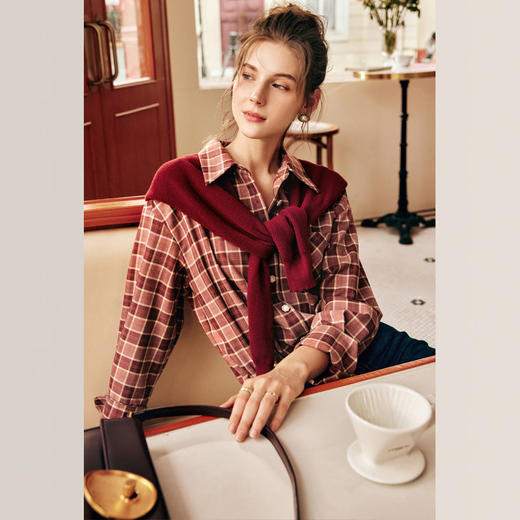 OLrain欧芮儿法式格纹衬衫女秋季2022新款宽松复古衬衣披肩两件套 商品图2