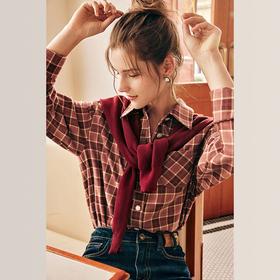 OLrain欧芮儿法式格纹衬衫女秋季2022新款宽松复古衬衣披肩两件套