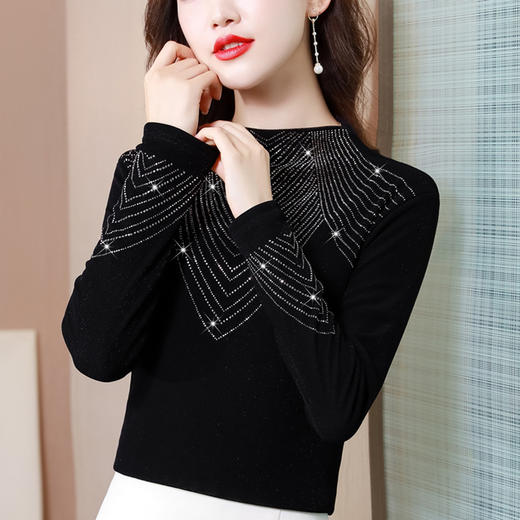 MZ11216 2022新款烫钻打底衫女士冬装妈妈半高领小衫时尚洋气加绒加厚上衣 商品图5