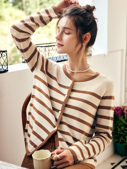 OLrain欧芮儿法式条纹毛衣外套女秋季2022新款慵懒风撞色针织开衫 商品图1