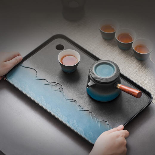 陶瓷茶盘家用小型茶托盘干泡台储水泡茶盘功夫茶具托盘排水式茶海 伊-山川海浪方形盘S3a 商品图2