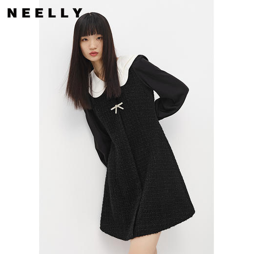 NEELLY纳俪商场同款撞色娃娃领连衣裙女中长款拼接袖毛呢a字裙冬N22103Y01087 商品图2