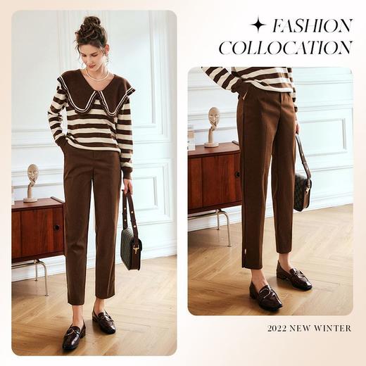 OLrain欧芮儿法式咖色条纹毛衣女秋季2022年新款学院风大翻领上衣 商品图1