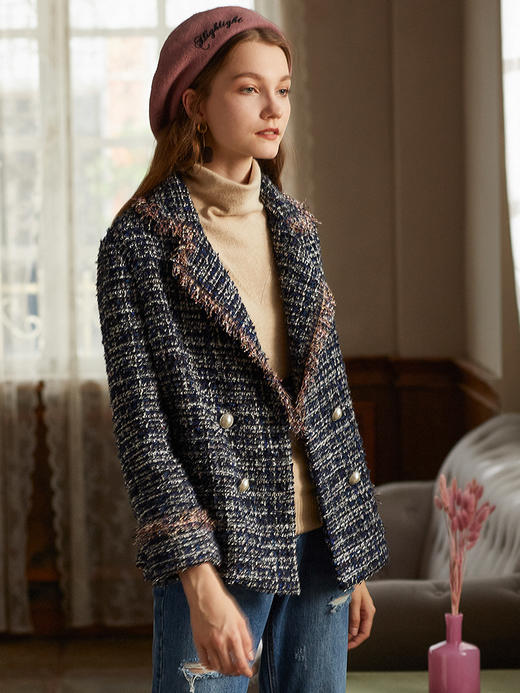 欧芮儿2019秋宽松翻领花色大衣女长袖流苏毛呢外套女中长款 商品图0