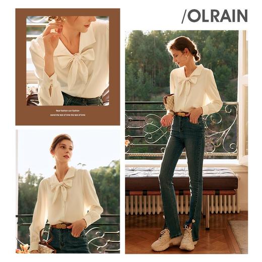 欧芮儿杏色衬衫女春季2022年新款宽松显瘦时尚法式长袖蝴蝶结衬衣 商品图1