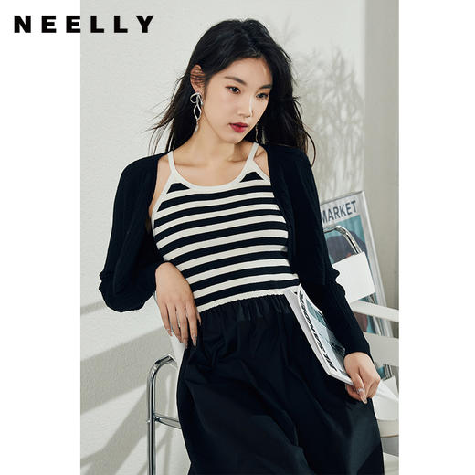 NEELLY纳俪商场同款黑白条纹针织拼接连衣裙女中长款两件套A字裙N22094Y06665 商品图2