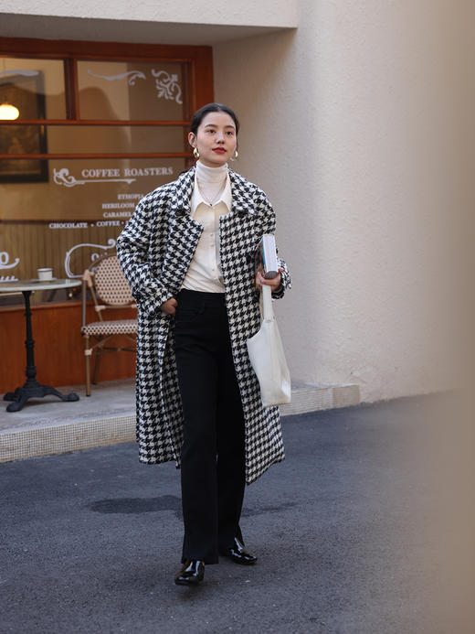 HeyDress千鸟格毛呢外套女秋冬法式复古宽松中长款羊毛大衣 商品图1