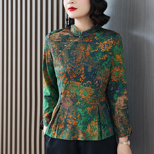 AHMyshy2122 2022秋季新款旗袍领T恤小衫中老年女时尚大码长袖上衣遮肚打底衫 商品图3