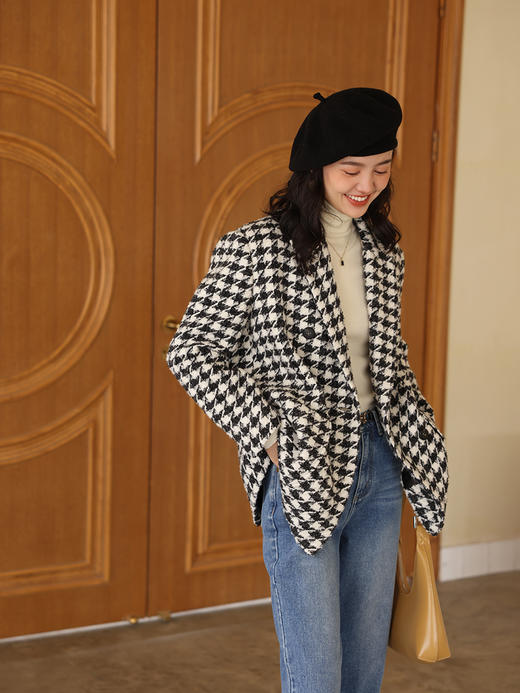 HeyDress复古千鸟格毛呢外套女秋冬双排扣羊毛西装休闲气质上衣 商品图0