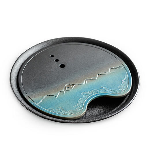 陶瓷储水式干泡茶盘日式家用小茶台茶海功夫茶具圆形茶盘托盘 山川海浪茶盘-蓝黑-大V3a 商品图6