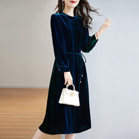 真丝丝绒连衣裙腰间系带孔雀蓝复古立领中长款蚕丝裙ZS-9123