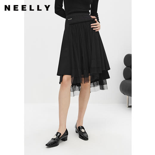 NEELLY纳俪商场同款高腰不规则半身裙女网纱拼接A字裙中长款时尚N22103E01089 商品图0