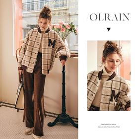 OLrain欧芮儿法式格子毛呢外套女秋冬2025年新款宽松加厚毛绒皮草