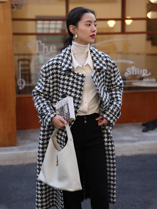 HeyDress千鸟格毛呢外套女秋冬法式复古宽松中长款羊毛大衣 商品图0
