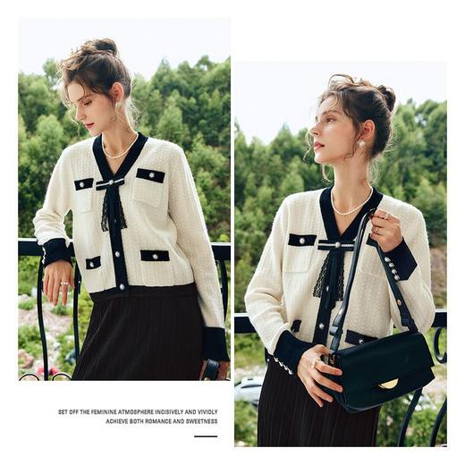 OLrain欧芮儿法式小香风毛衣开衫女秋季2022新款气质v领白色外套 商品图1