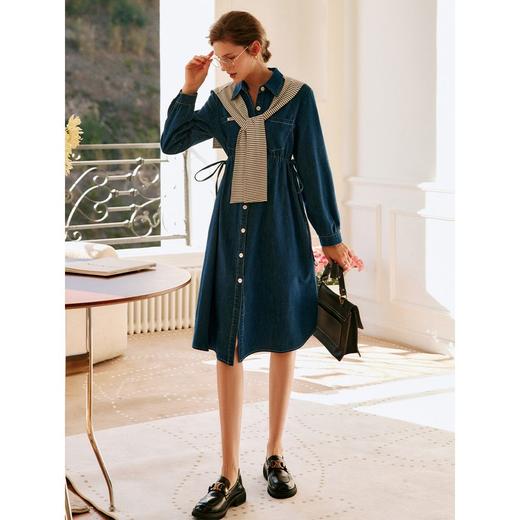 欧芮儿蓝色牛仔连衣裙女春季2022年新款收腰显瘦气质休闲披肩裙子 商品图2