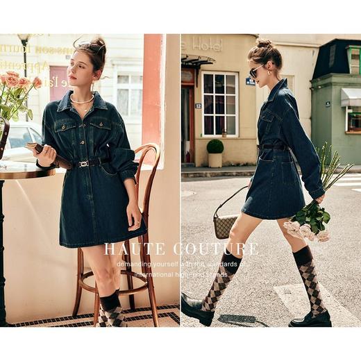 OLrain欧芮儿法式牛仔连衣裙女秋季2022年新款收腰复古港风裙子 商品图1