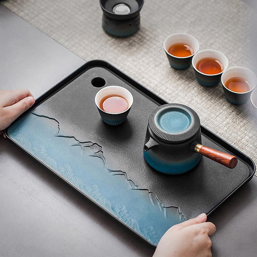 陶瓷茶盘家用小型茶托盘干泡台储水泡茶盘功夫茶具托盘排水式茶海 伊-山川海浪方形盘S3a 商品图0