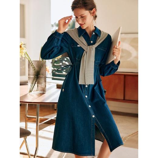 欧芮儿蓝色牛仔连衣裙女春季2022年新款收腰显瘦气质休闲披肩裙子 商品图0