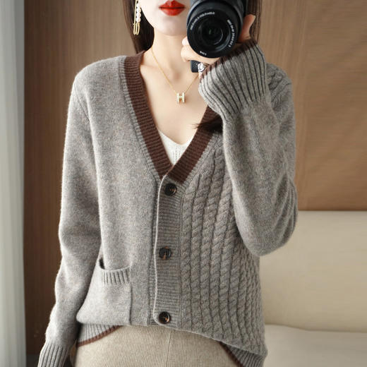 QHJY-JYJH22811莫代尔不规则针织衫开衫女加厚宽松拼接撞色打底毛衣外套上衣新款 商品图0