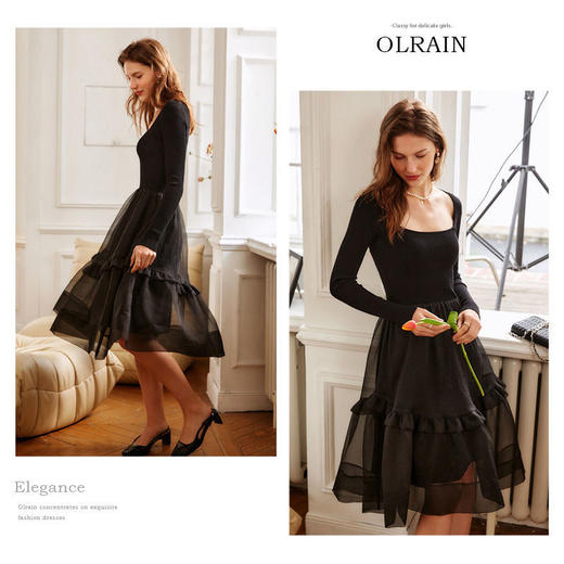 欧芮儿黑色连衣裙女秋冬2021年新款收腰显瘦赫本风欧根纱拼接裙子 商品图5