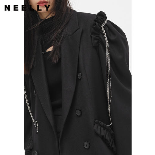 NEELLY纳俪商场同款冬季新款毛呢外套女中长款泡泡袖双排扣大衣N22103C01076 商品图3