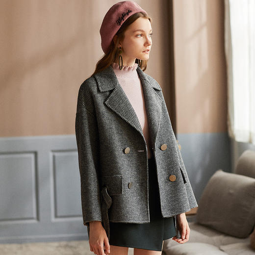 欧芮儿女装2019冬新款翻领格子大衣长袖羊毛双面呢毛呢外套 商品图1