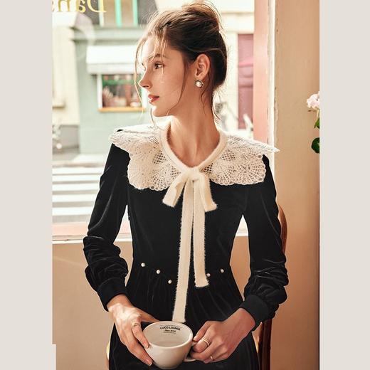 OLrain欧芮儿法式黑色丝绒连衣裙女秋季2022年新款收腰赫本风裙子 商品图1