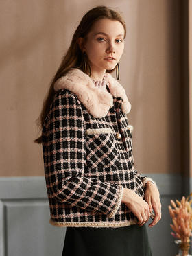 欧芮儿獭兔毛领长袖格子毛呢外套女2019秋冬新款宽松短款呢大衣