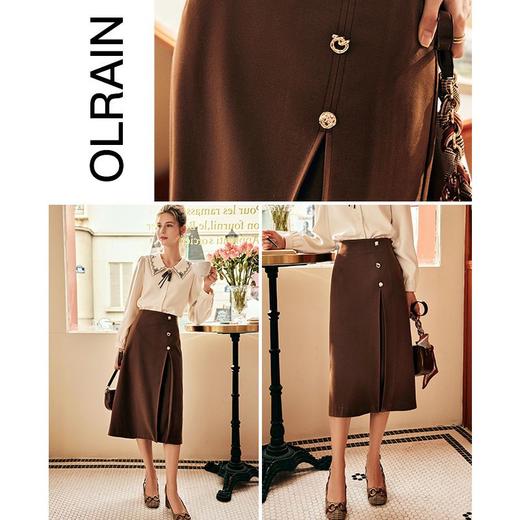 【年货节专享】【满300-30元】【满600-60元】OLrain欧芮儿法式咖色毛呢半身裙女秋季2022新款高腰开叉中长裙子 商品图3