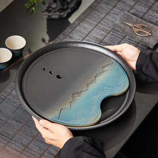 陶瓷储水式干泡茶盘日式家用小茶台茶海功夫茶具圆形茶盘托盘 山川海浪茶盘-蓝黑-大V3a 商品图0